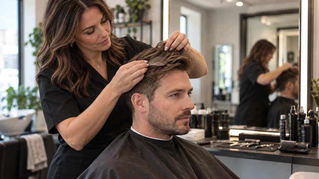 Hair system specialist working with a client in a studio